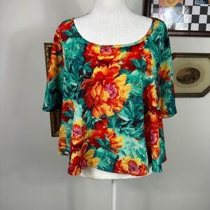 Bright Retro Floral Flowy Short Sleeve Blouse Top‎